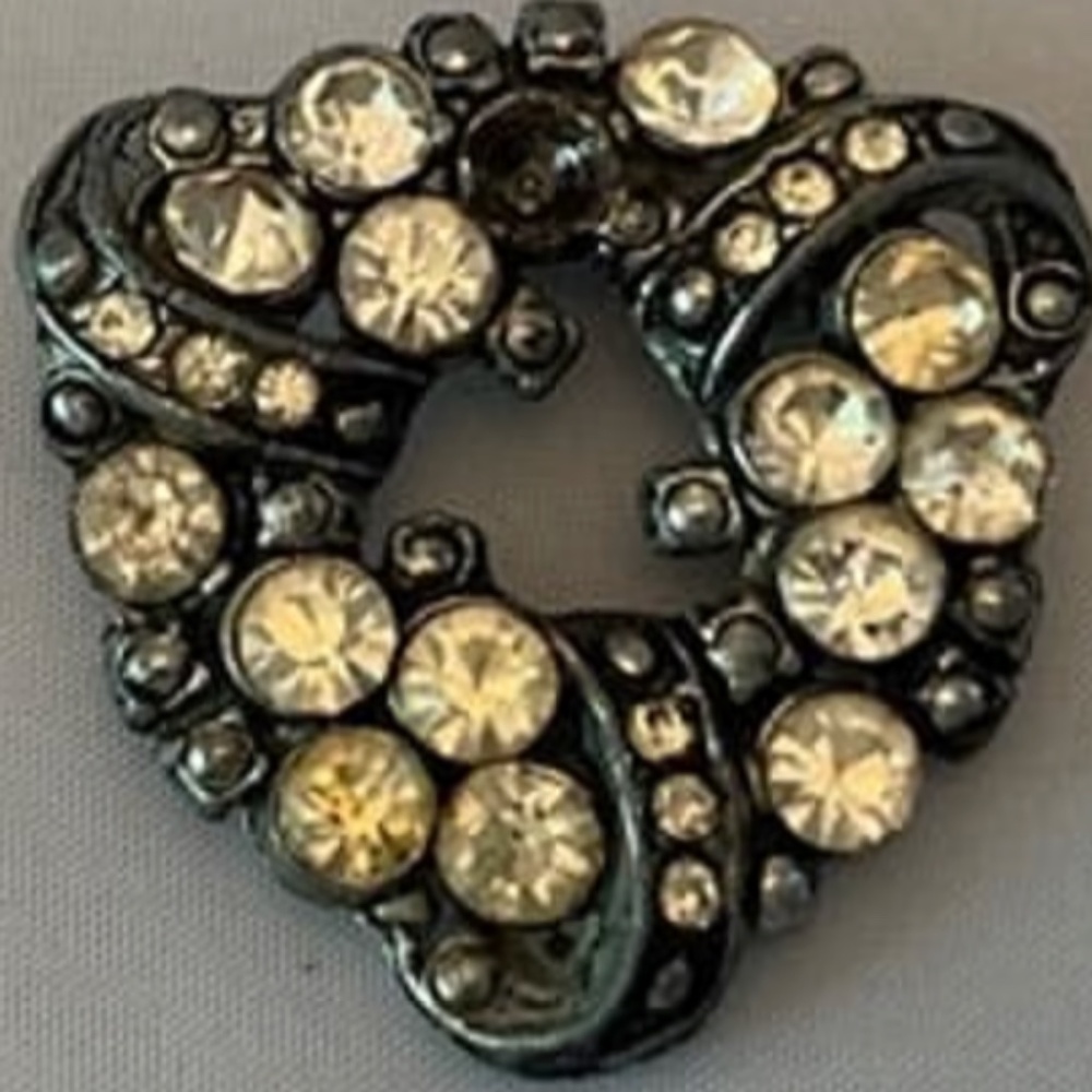 Vintage Blackened Pot Metal With Clear Rhinestones Triangular Shape Brooch
